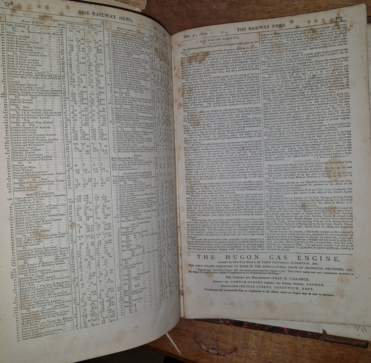 The Railway News For Year 1870 Large Leather-bound Summary Of Statistics & News 15