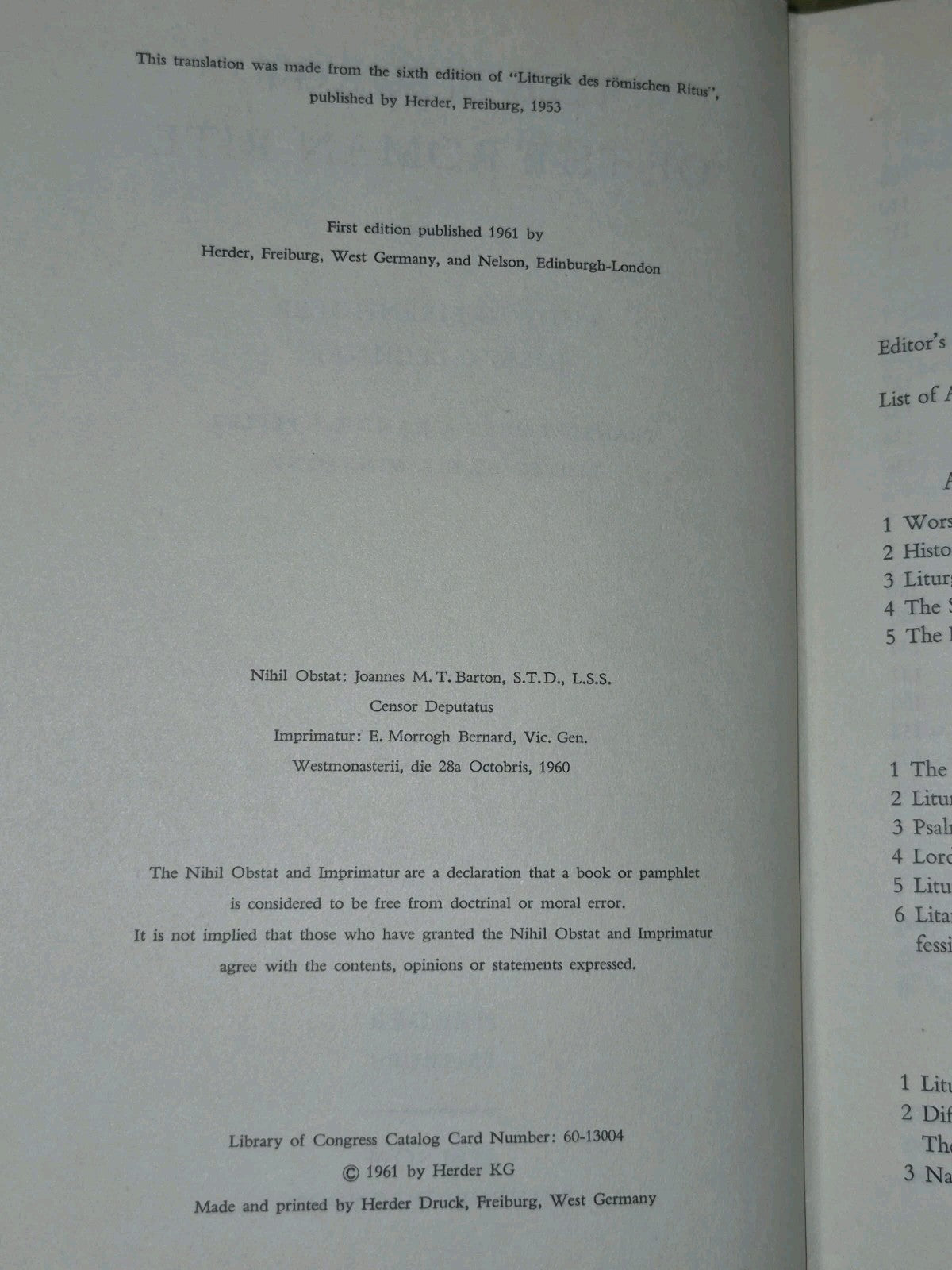THE LITURGY OF THE ROMAN RITE Ludwig Eisenhofer & Joseph Lechner 1961 1st ed4