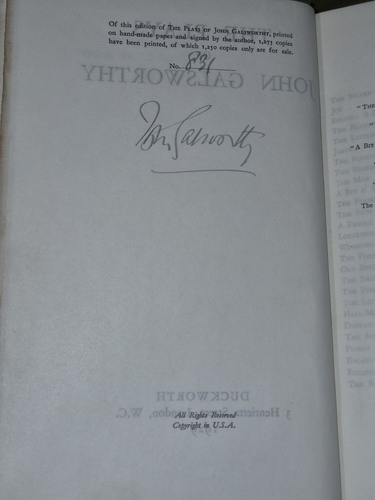 The Plays of John Galsworthy (Ltd Ed, Signed) 19299