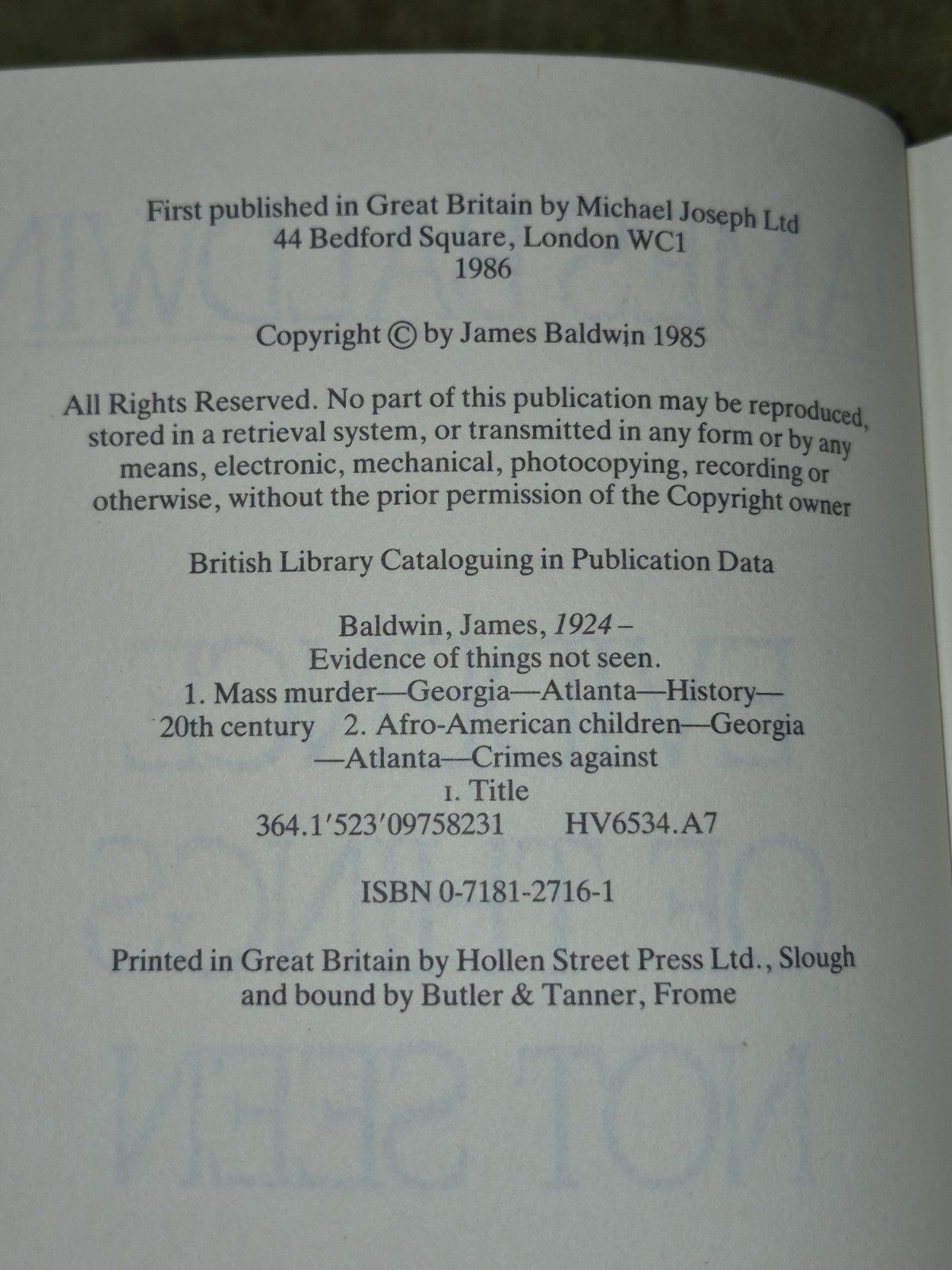 Evidence of Things Not Seen by James Baldwin (UK Hardcover, 1986) First Edition 4