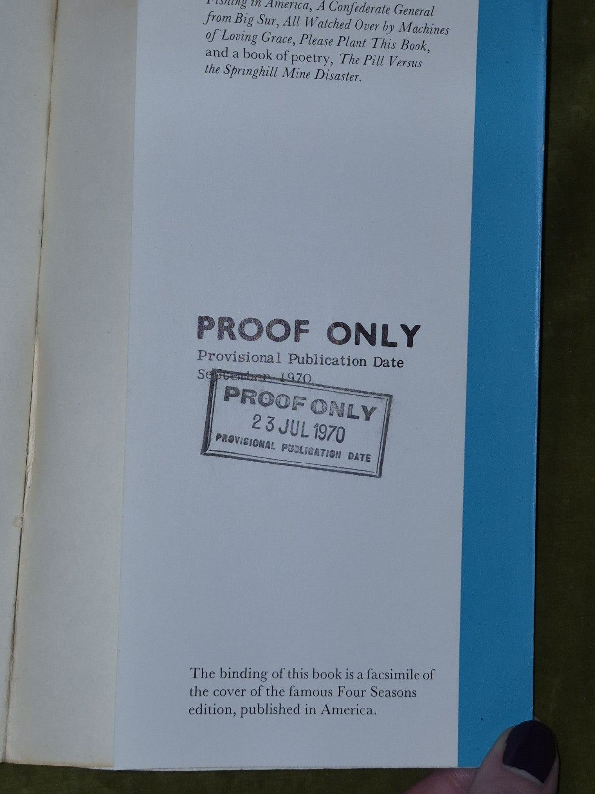 Richard Brautigan : In Watermelon Sugar 1st UK Edition Cape PROOF COPY SC DJ8