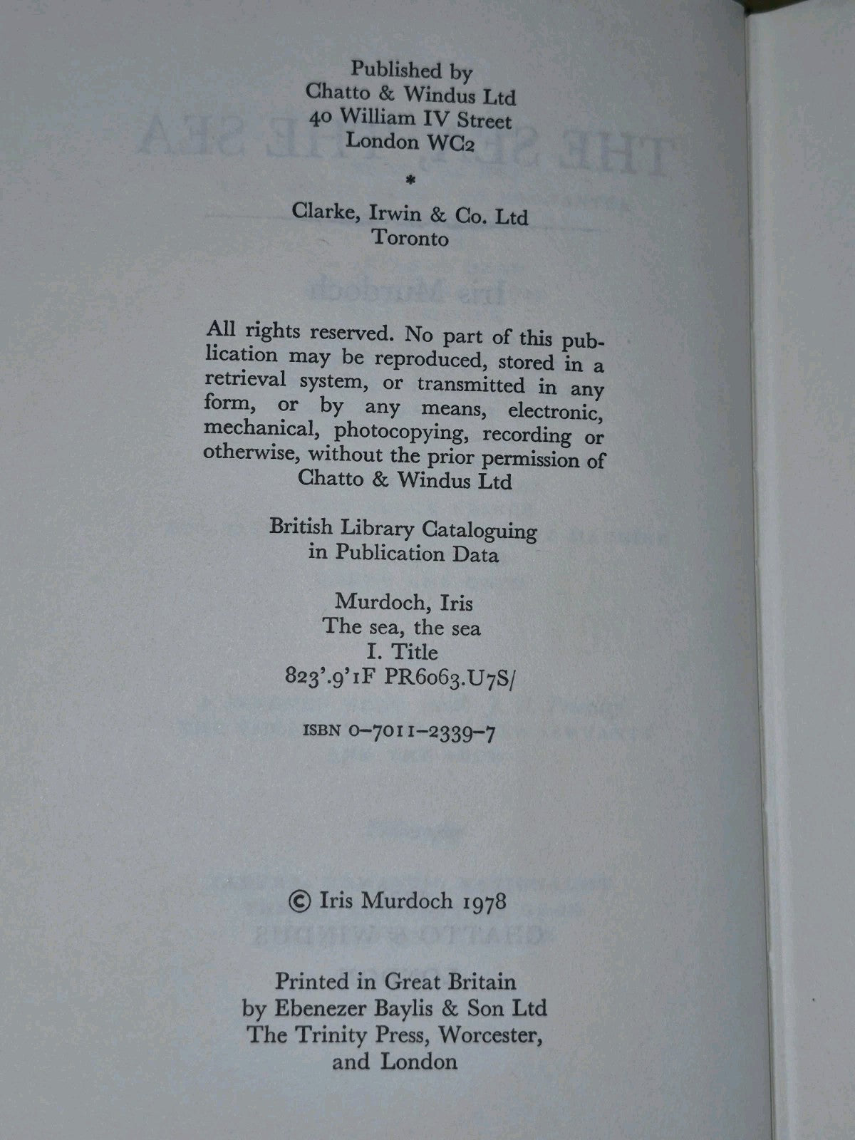 The Sea, The Sea by Iris Murdoch True First Edition Chatto & Windus 19787