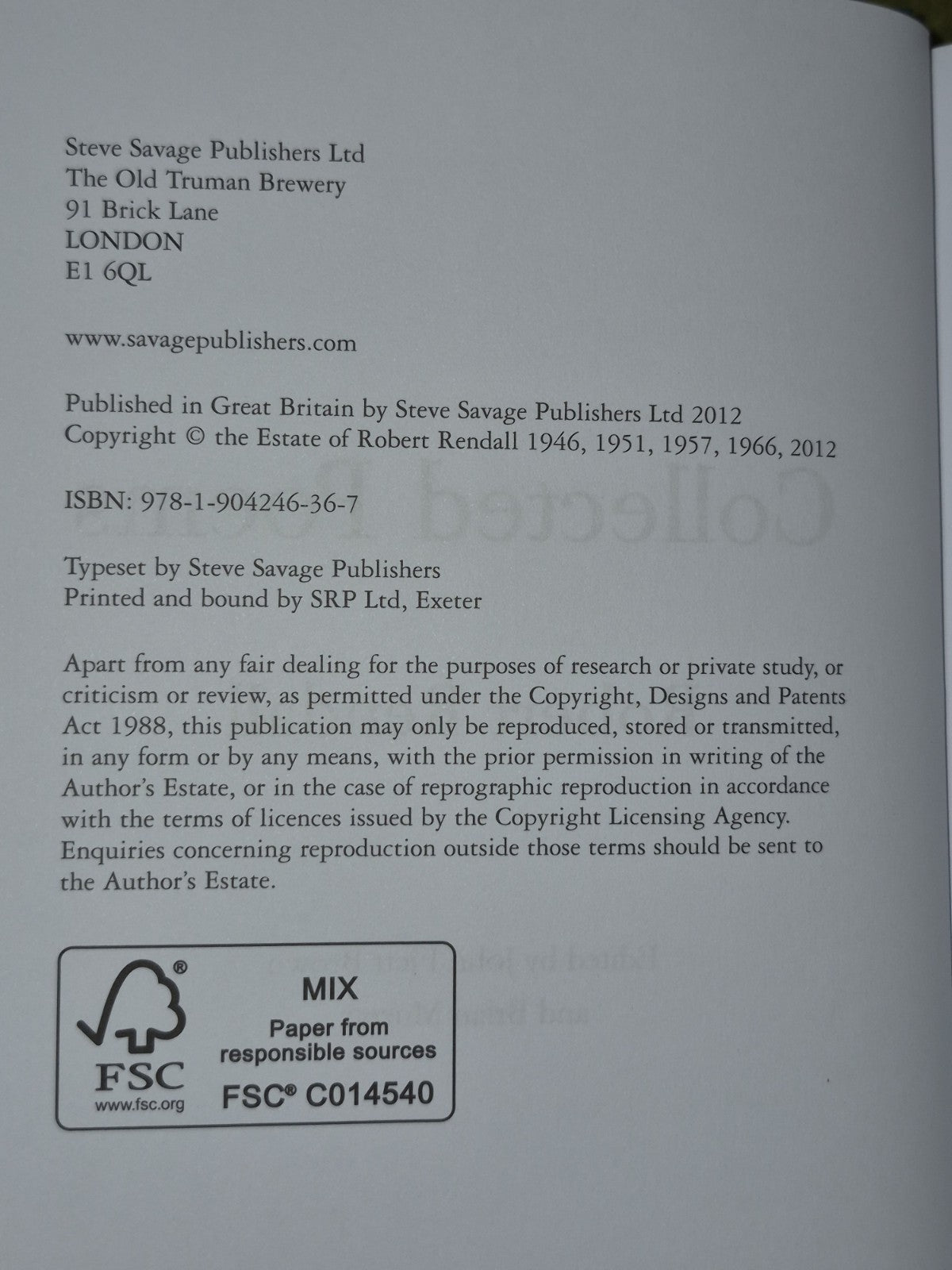 Robert Rendall Collected Poems 2012 HB DJ5