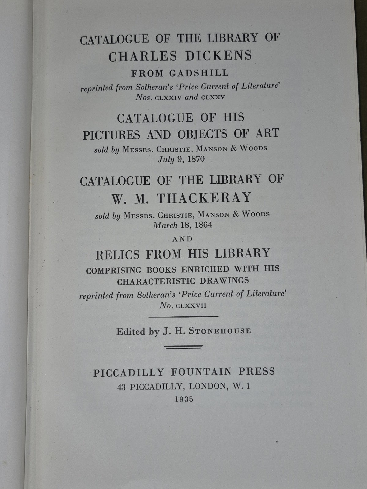 Catalogue of the Library of Charles Dickens Thackeray Piccadilly Press 19356