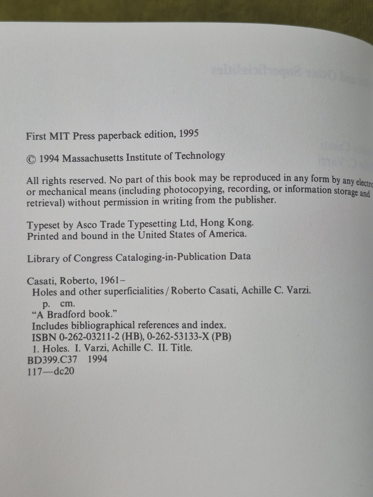 Holes and Other Superficialities Bradford Books Casati Roberto 19942