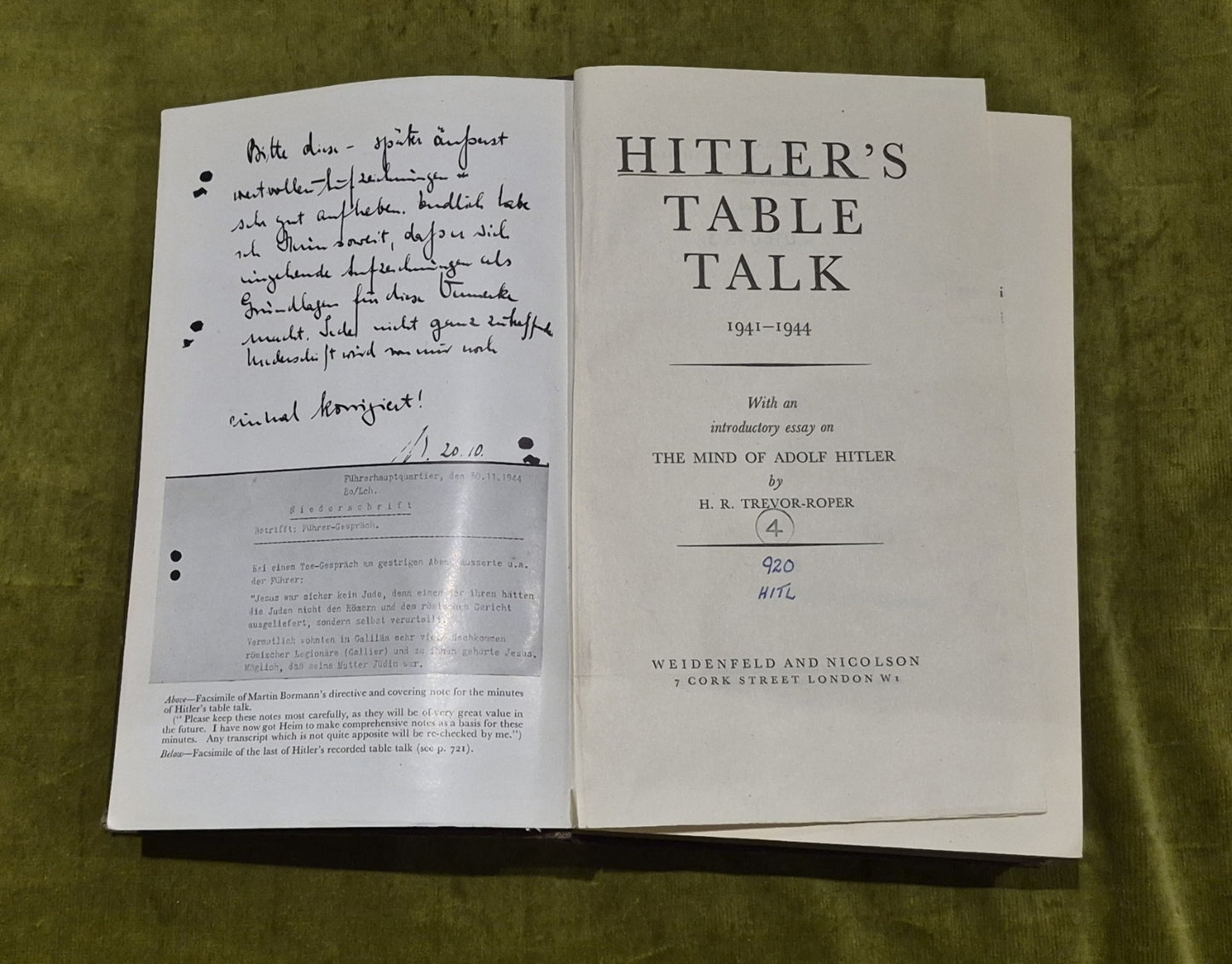 Hitler's Table Talk by Weidenfeld & Nicolson - 1st Edition, 19535
