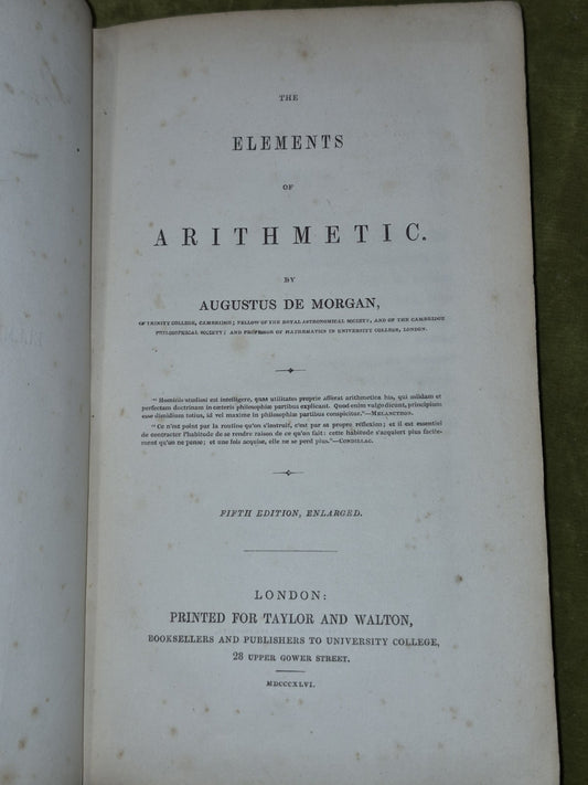 The Elements of Arithmetic Augustus De Morgan Fifth Edition Taylor Walton 18470