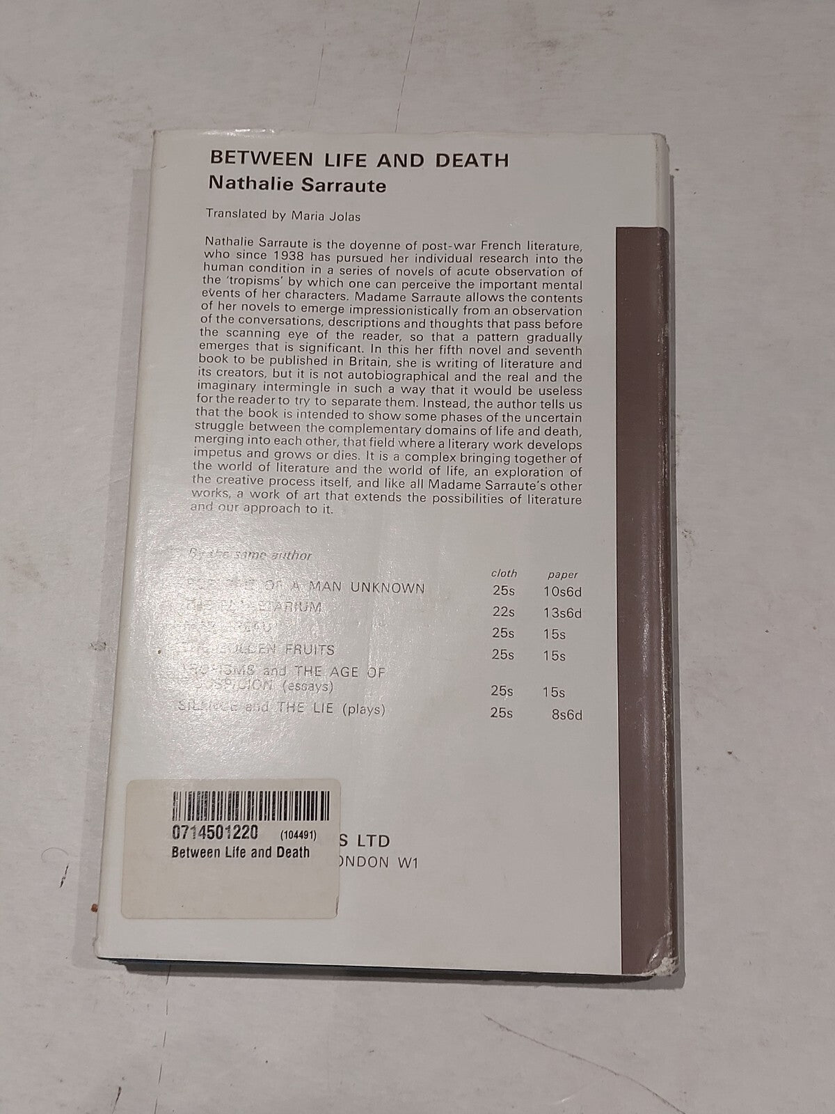 Between Life And Death By Nathalie Sarraute 1st Edition (1970) Hb Book1
