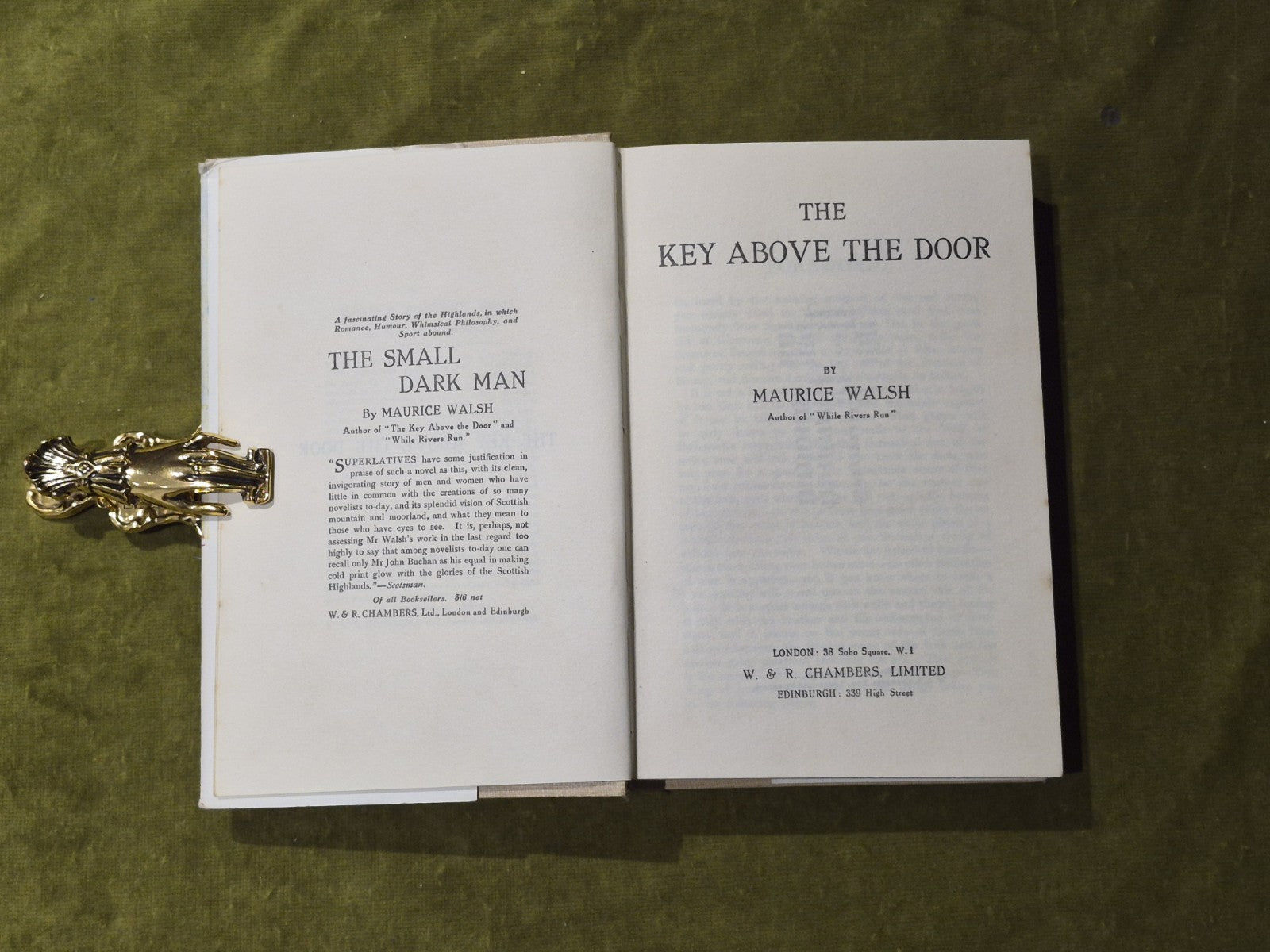 The Key Above the Door - Maurice Walsh , W & R Chambers 1930 17th Ed HB DJ5