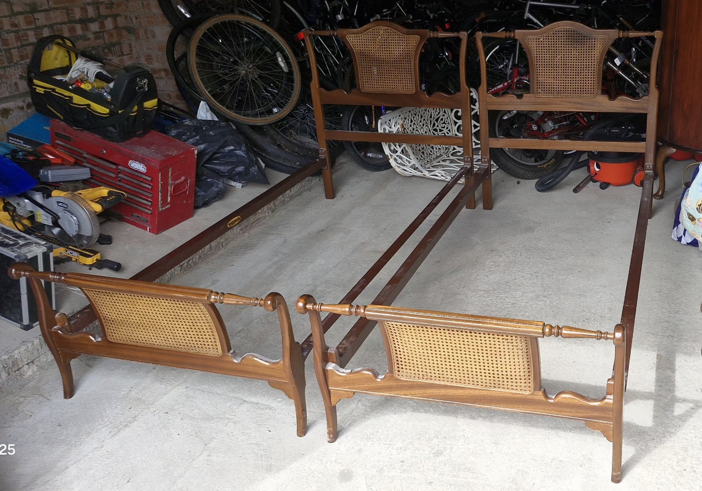 Pair Of Antique Single Beds With New Mattresses Rattan & Turned Wood Headboards 1
