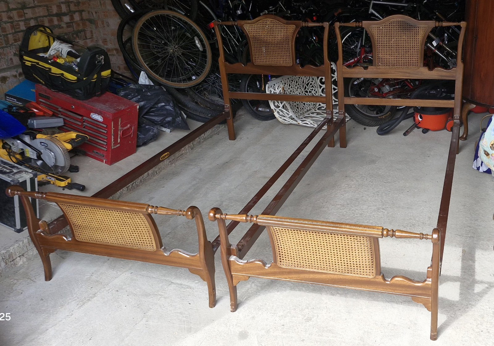 Pair Of Antique Single Beds With New Mattresses Rattan & Turned Wood Headboards 1