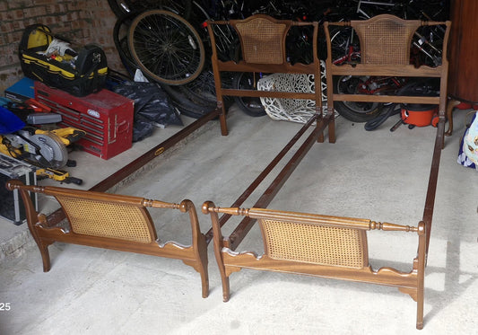 Pair Of Antique Single Beds With New Mattresses Rattan & Turned Wood Headboards 1