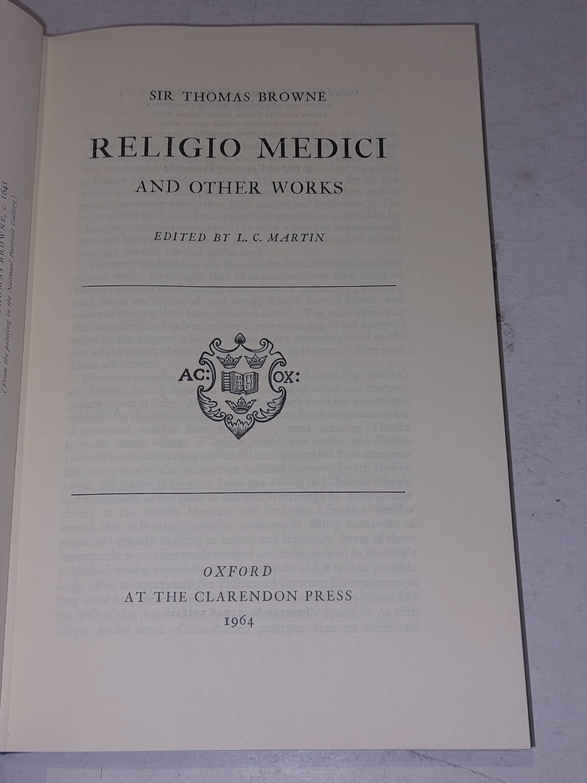RELIGIO MEDICI AND OTHER WORKS.EDITED BY L C MARTIN - Hardback.  Good3