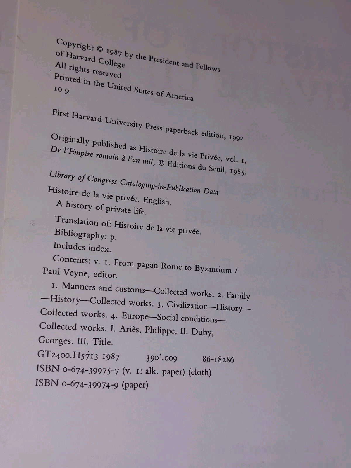 A History of Private Life Complete 5 Volume Set: Belknap Harvard (1987)3