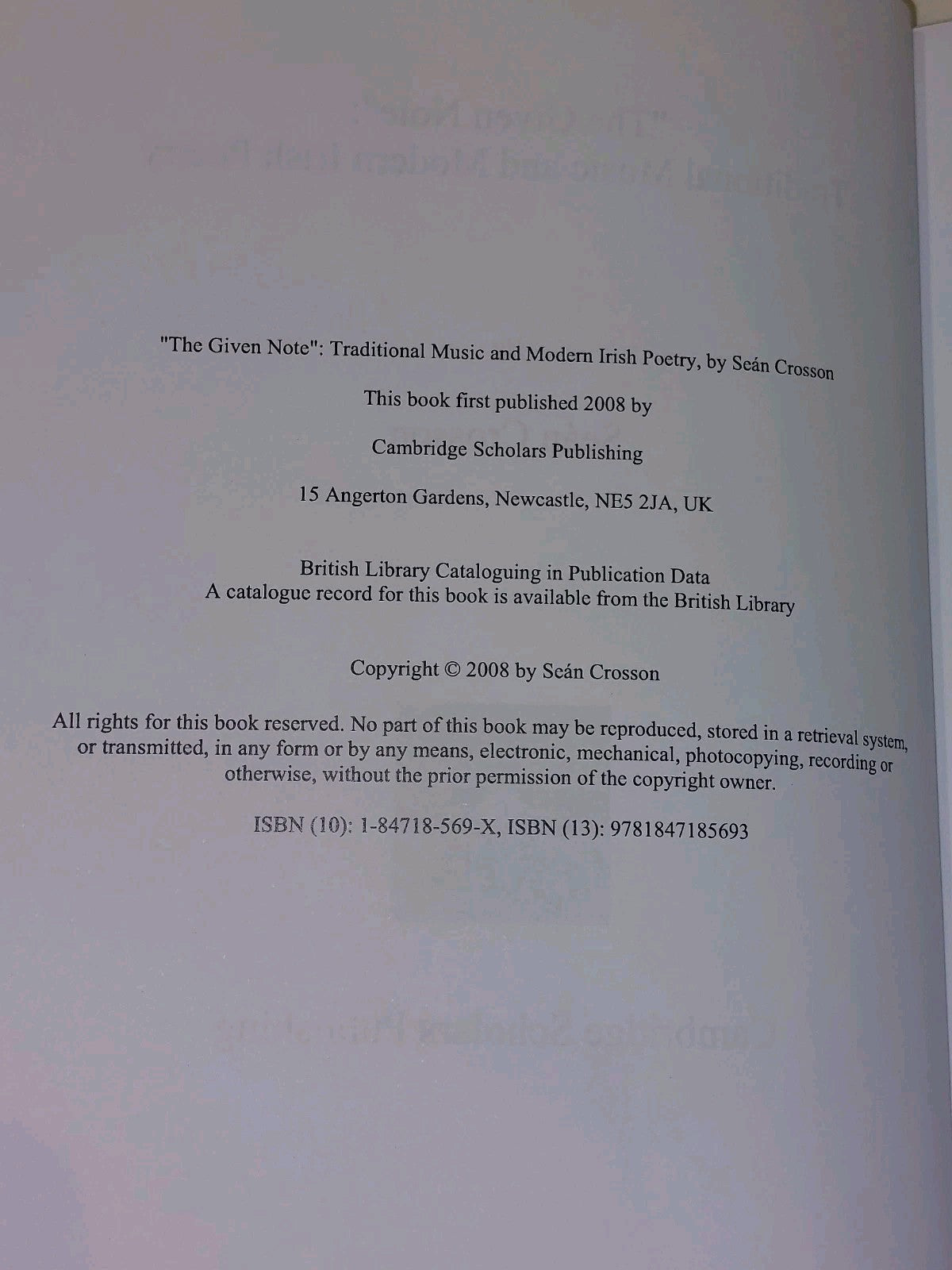 "The Given Note" Traditional Music And Modern Irish Poetry: Sean Crosson 2008 HB4