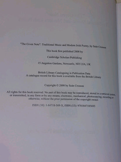 "The Given Note" Traditional Music And Modern Irish Poetry: Sean Crosson 2008 HB4