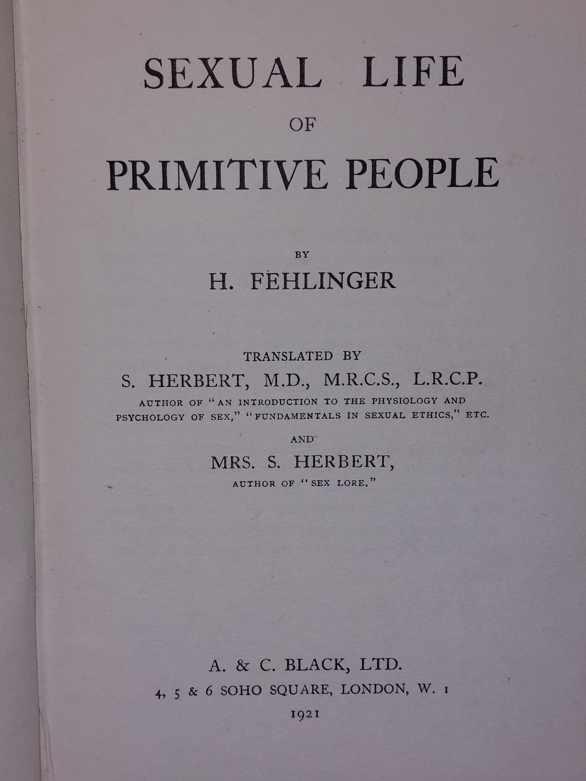 SEXUAL LIFE OF PRIMITIVE PEOPLE  H FEHLINGER Black London 1st Ed 1921  HB3