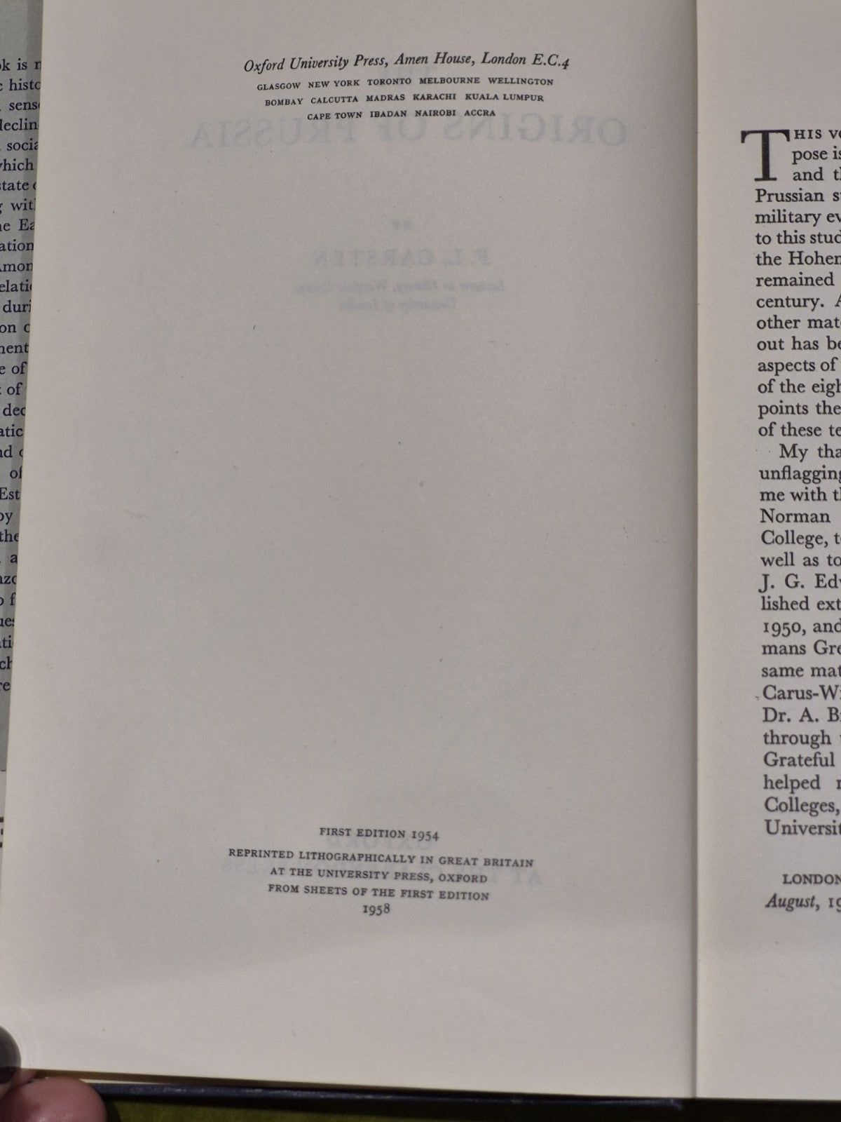 The Origins of Prussia, F L Carsten, 1958 Hardback5