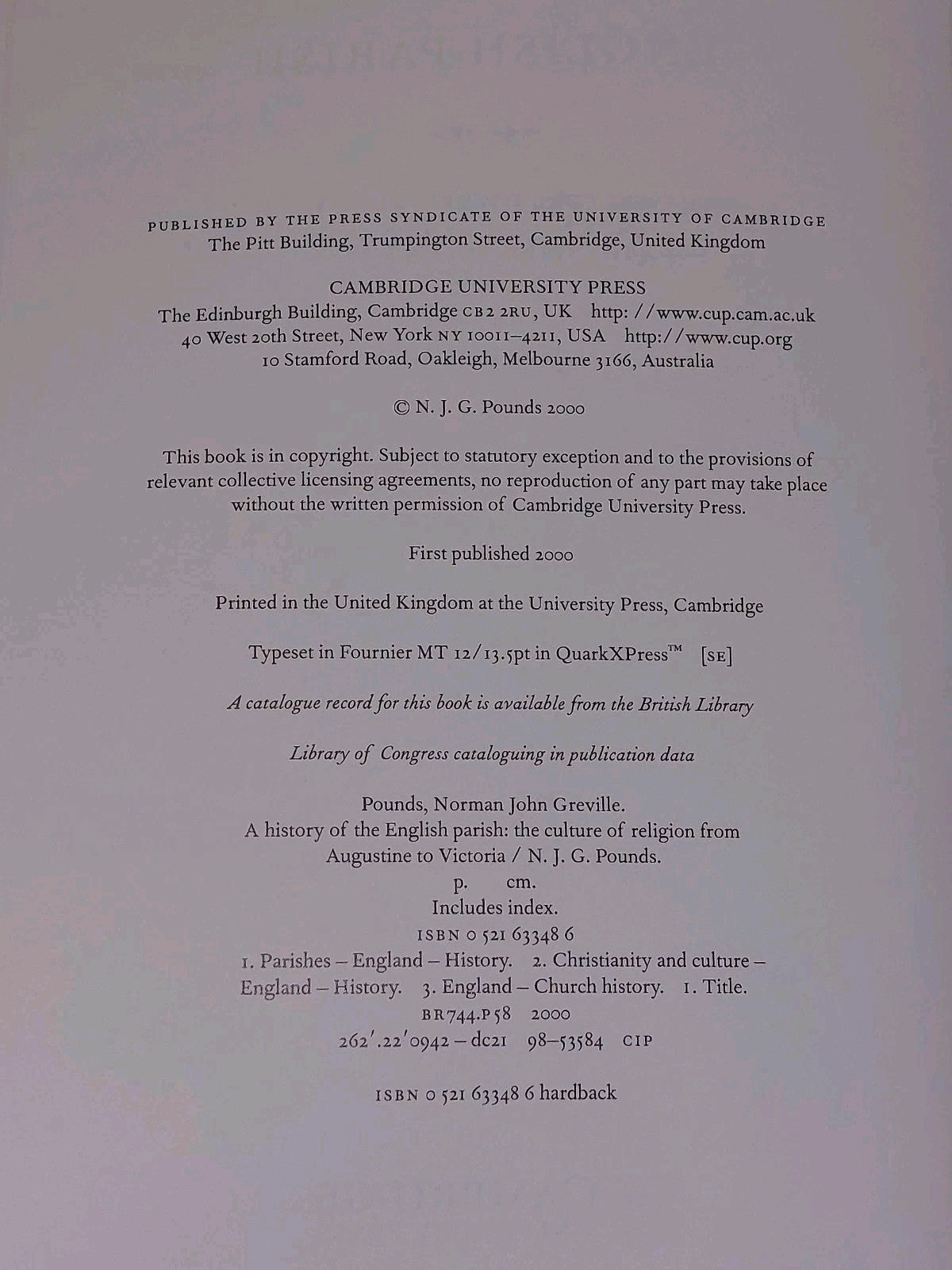 A History of the English Parish By N. G. Pounds (2000) 6