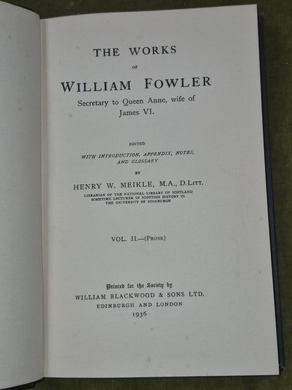 Works of William Fowler Scottish Text Society Complete Set 3 Vols 1914-193911