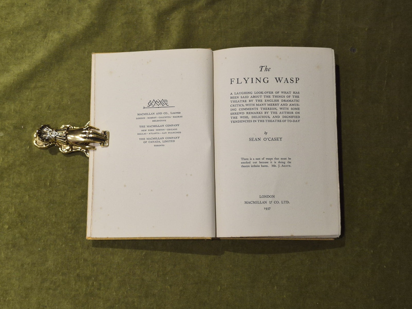 THE FLYING WASP: Essays on the Modern Theatre - Sean O'Casey , Macmillan 1937 HB4