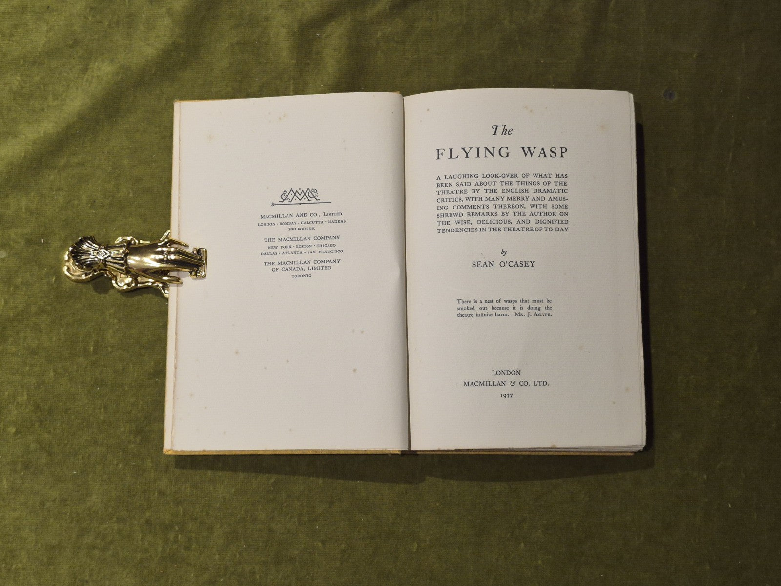THE FLYING WASP: Essays on the Modern Theatre - Sean O'Casey , Macmillan 1937 HB4
