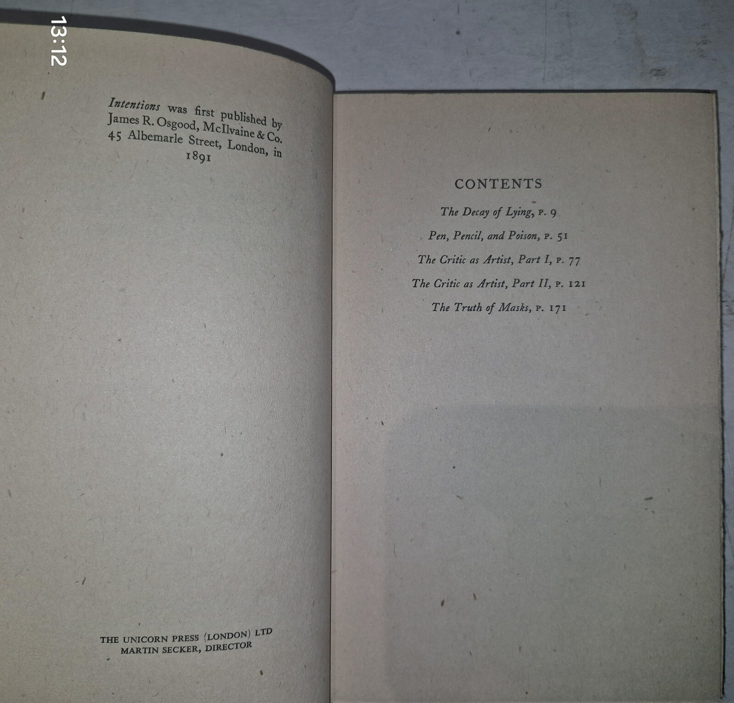 OSCAR WILDE  INTENTIONS  UNICORN PRESS 19455