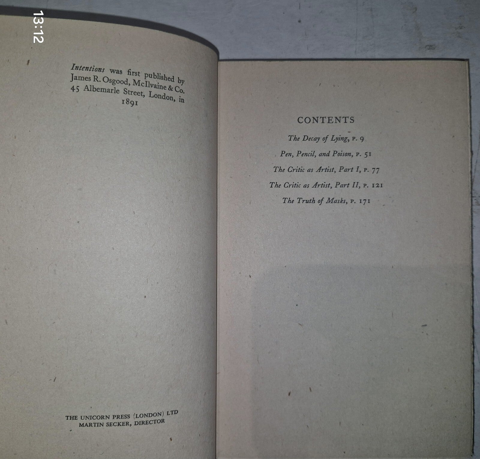 OSCAR WILDE  INTENTIONS  UNICORN PRESS 19455