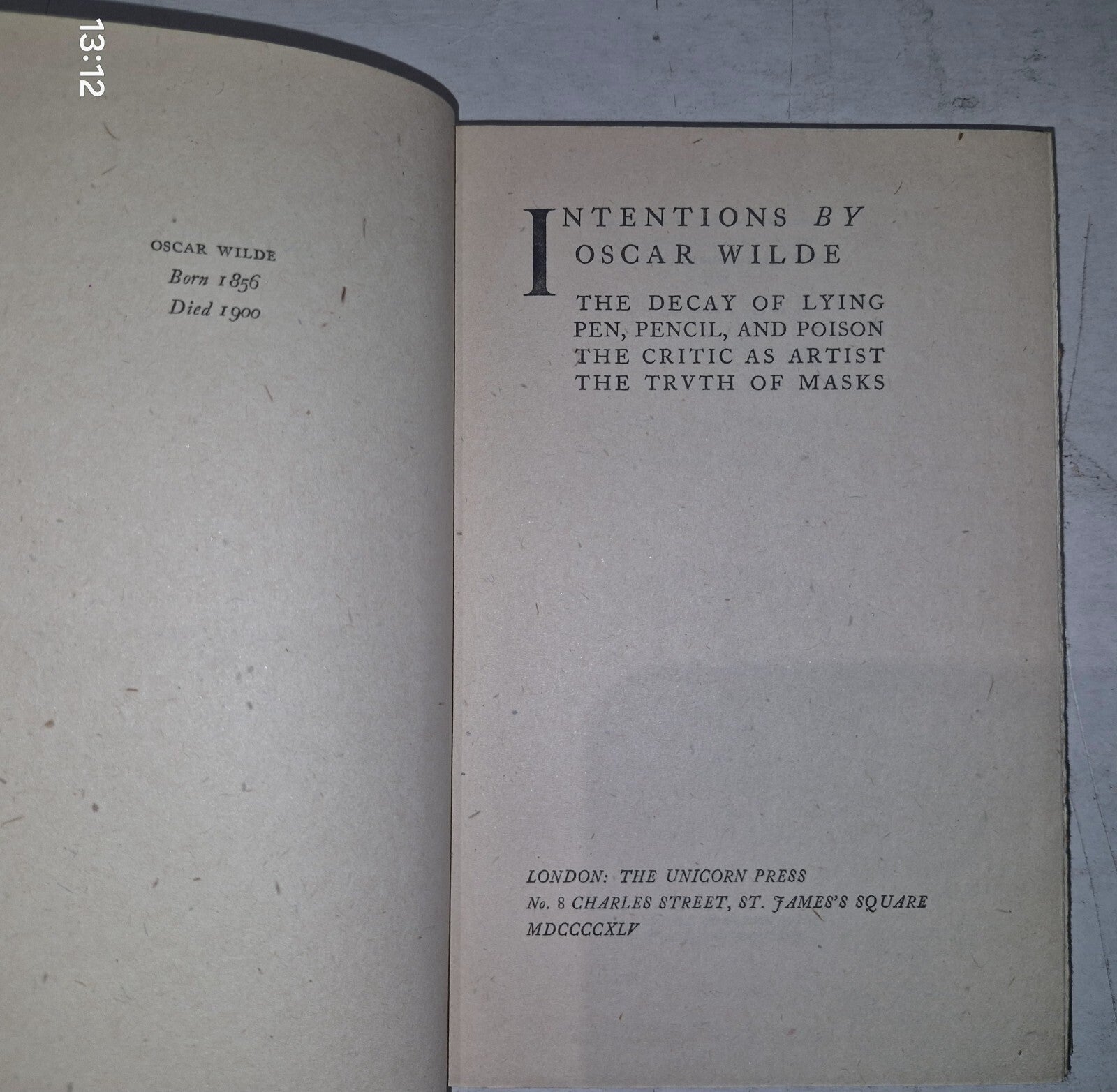 OSCAR WILDE  INTENTIONS  UNICORN PRESS 19454