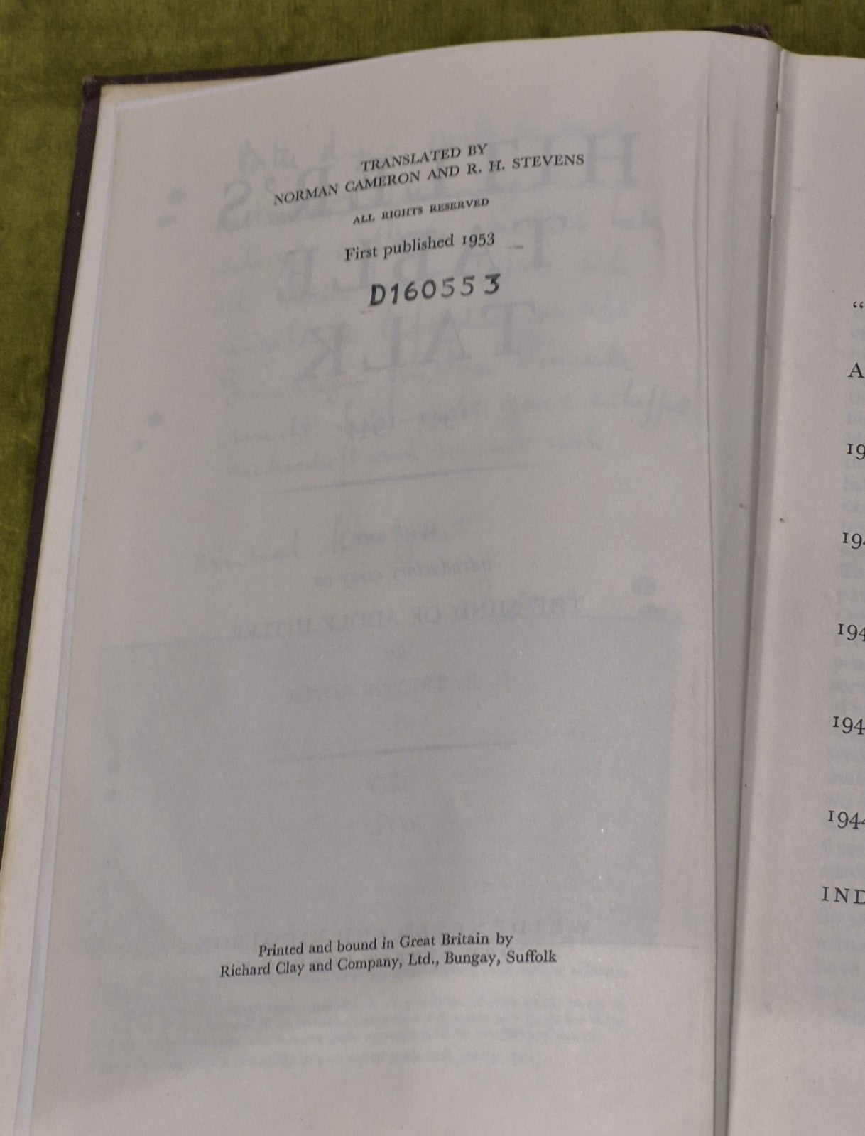 Hitler's Table Talk by Weidenfeld & Nicolson - 1st Edition, 19536