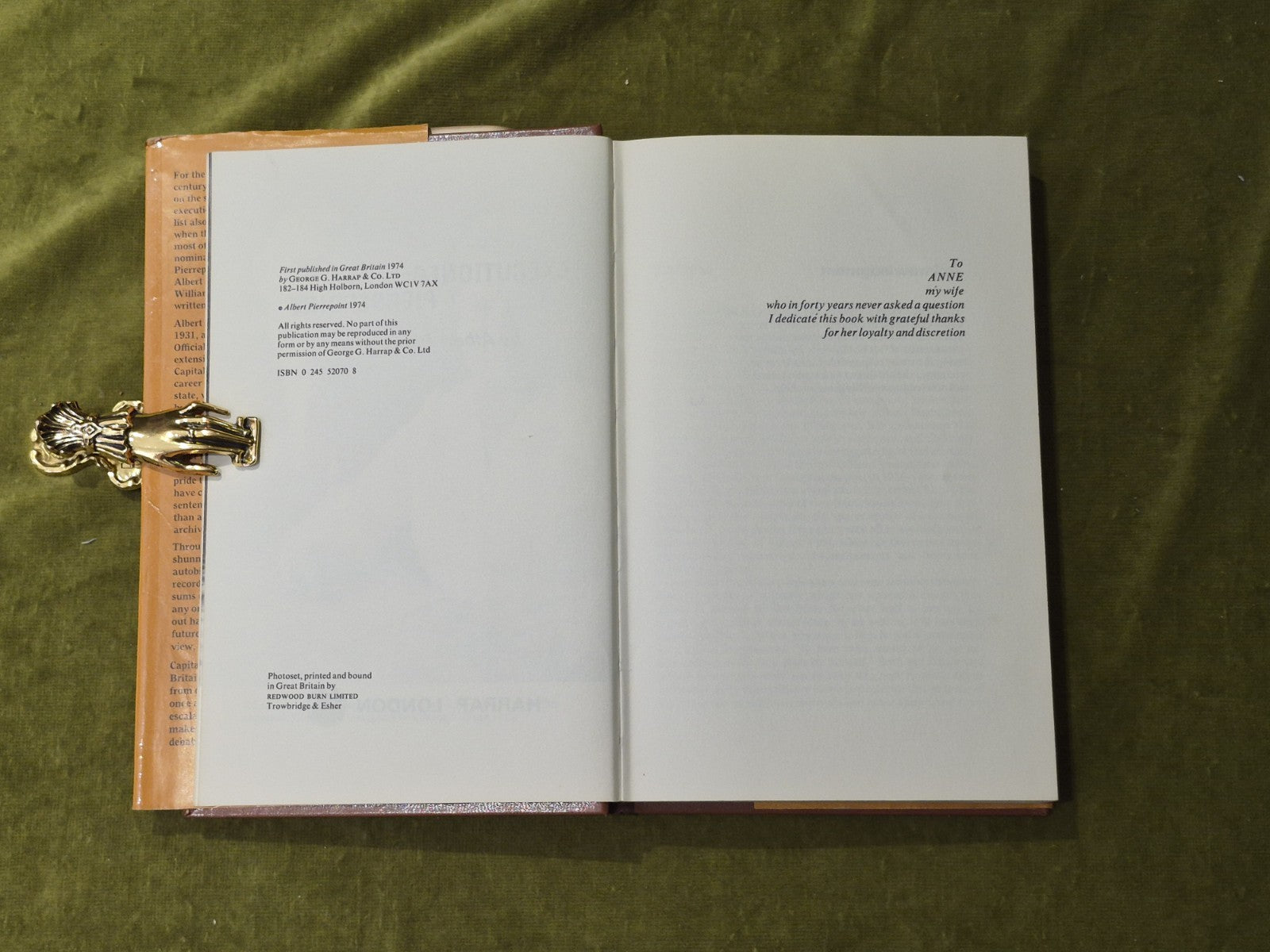 Executioner - an Autobiography by Albert Pierrepoint , Harrap 1974 1st HB DJ5