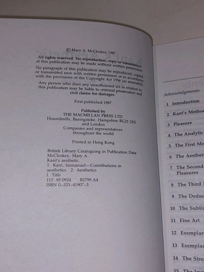Kant’s Aesthetic by Mary McCloskey (1987) [Macmillan Press] Hb Book With Dj3