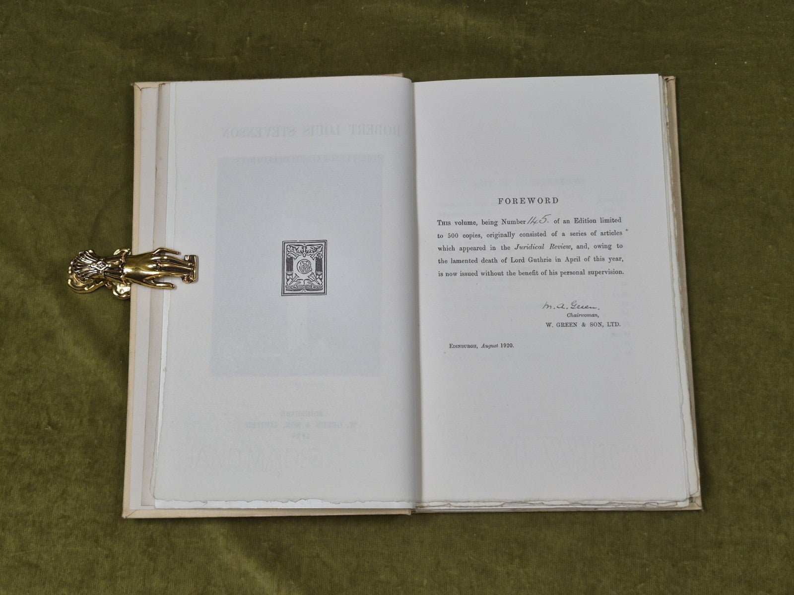 Lord Guthrie  'Robert Louis Stevenson'. W. Green & Son , 1920 Limited 1st Ed4