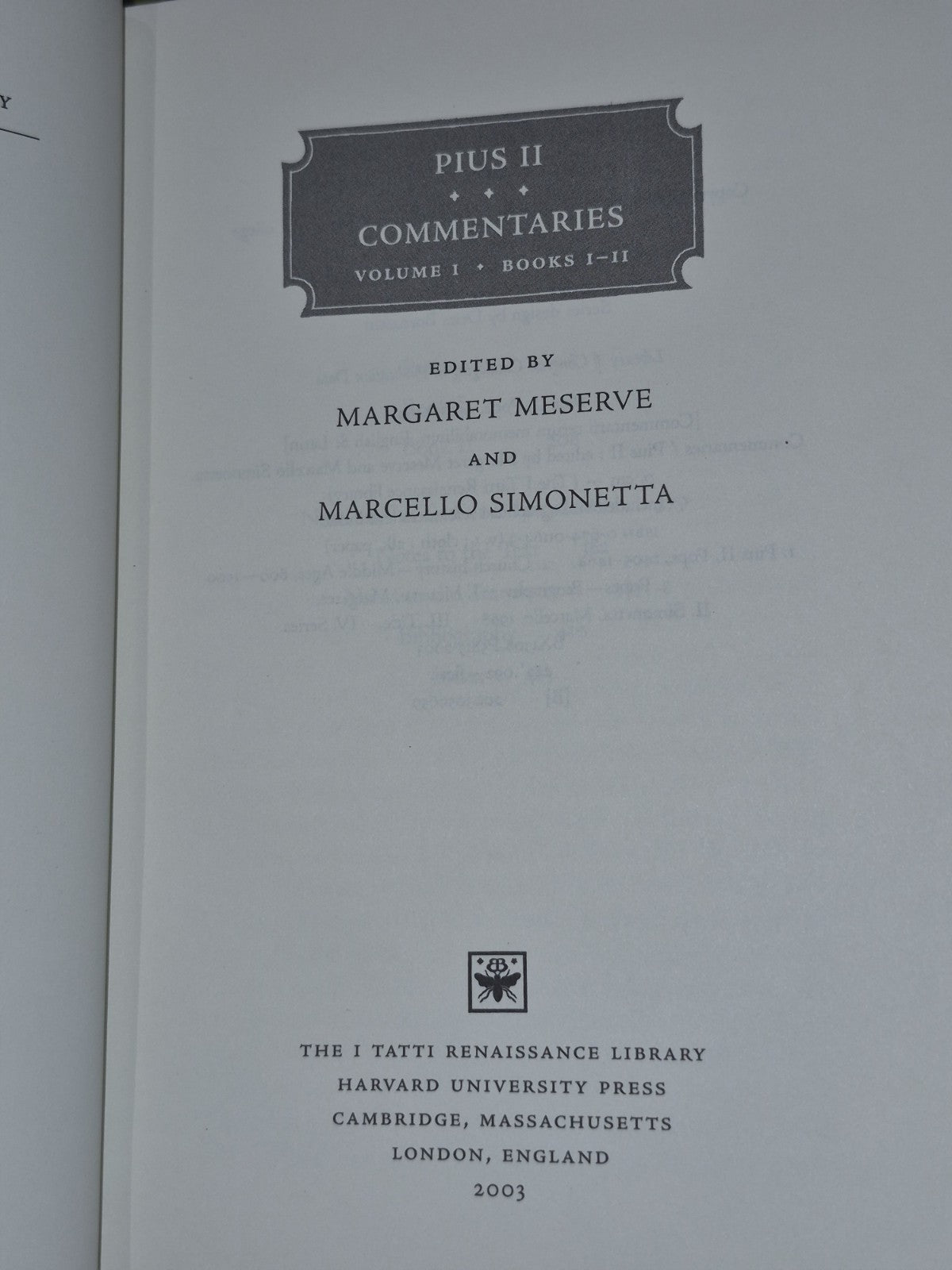 Pius II Commentaries Vol 1 Books I-II  Harvard HC 20036