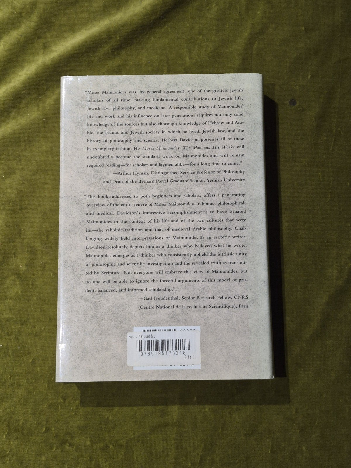 Moses Maimonides: The Man and His Works by Herbert A. Davidson 2005 Hardcover DJ1