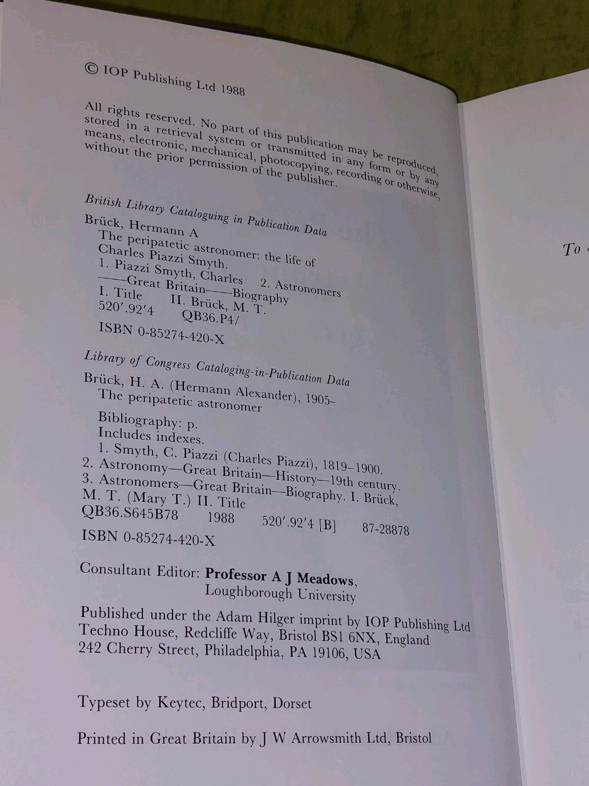 The Peripatetic Astronomer :  Life of Charles Piazzi Smyth - Bruck [Adam Hilger]4