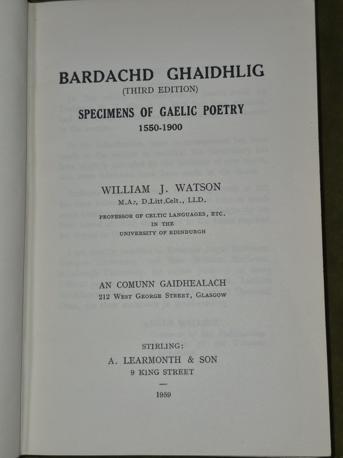 Bardachd Ghaidhlig Specimens of Gaelic Poetry William Watson 1959 Third Edition3