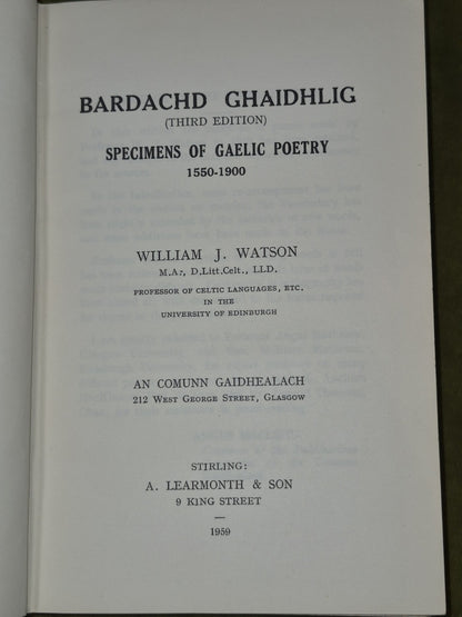 Bardachd Ghaidhlig Specimens of Gaelic Poetry William Watson 1959 Third Edition3