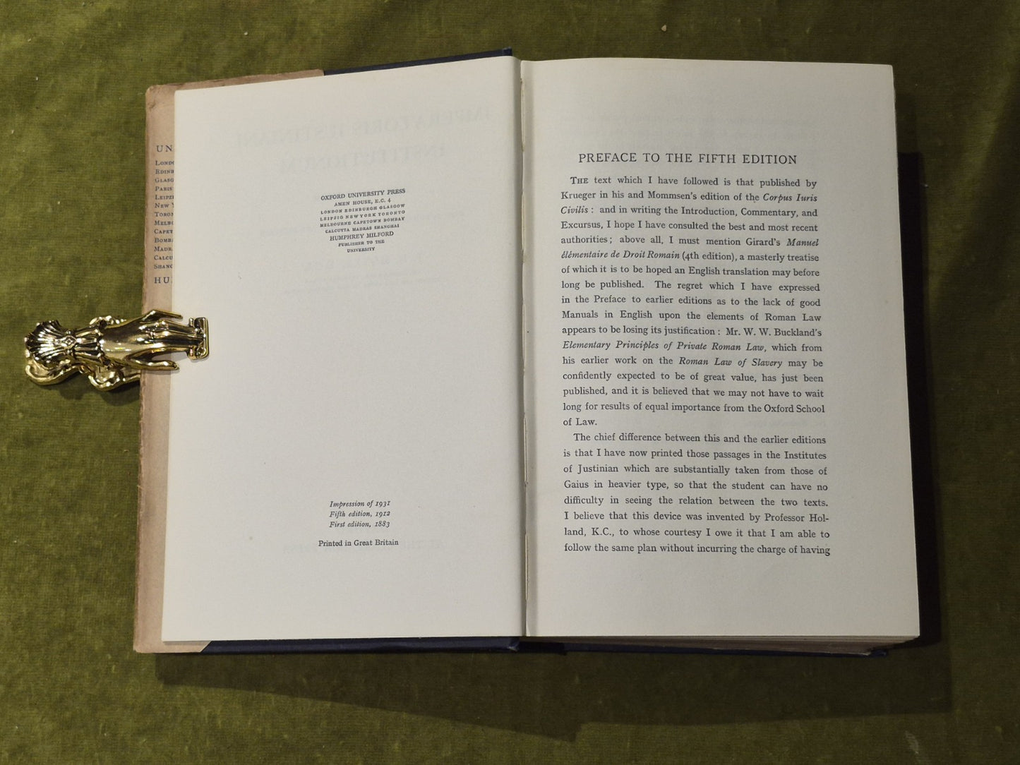 Imperatoris Iustiniani Institutionum - J B Moyle - Oxford, 5th ed 19315