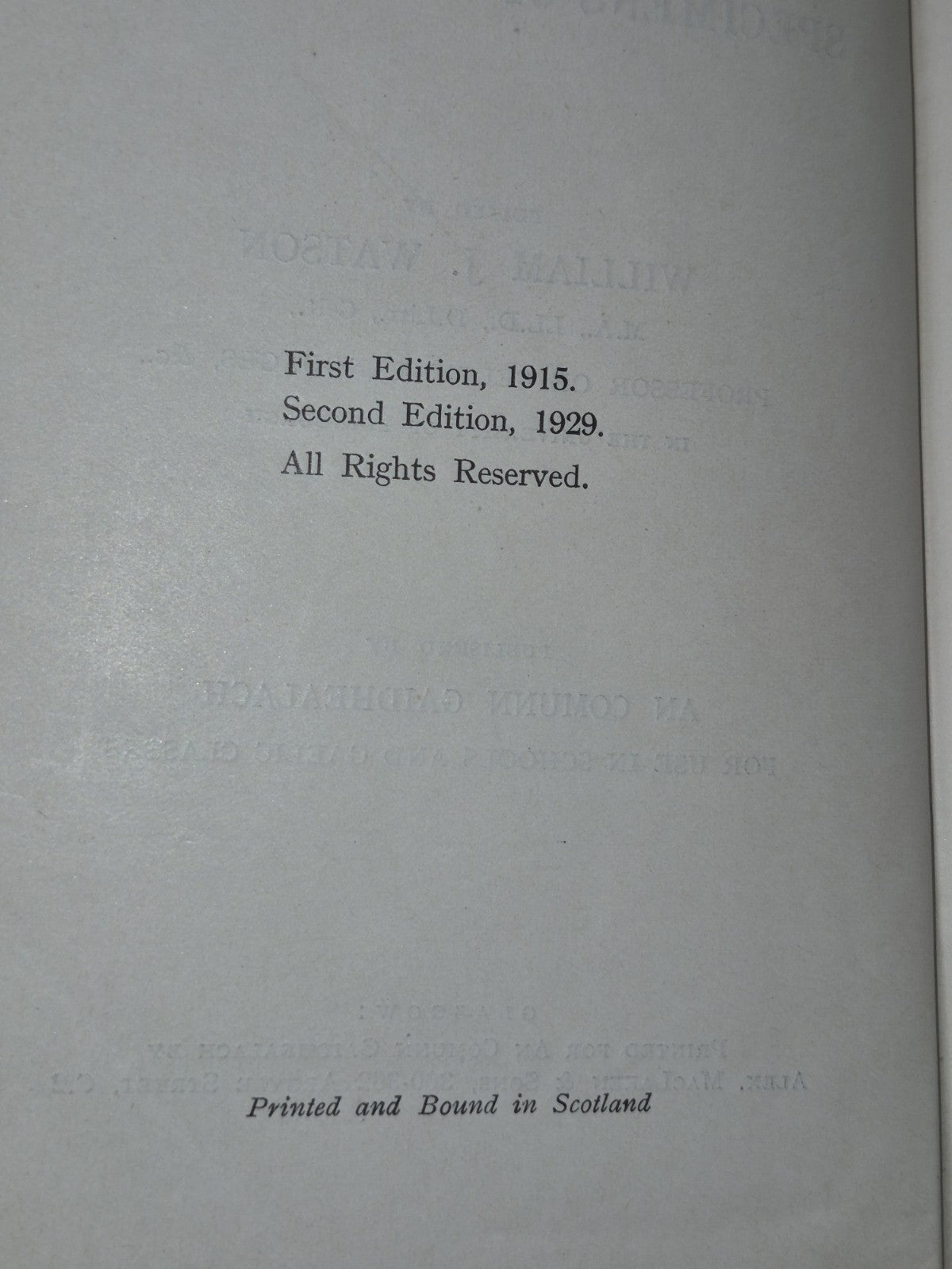 Rosg Gaidhlig Specimens of Gaelic Prose 1929 William Watson Second Edition5