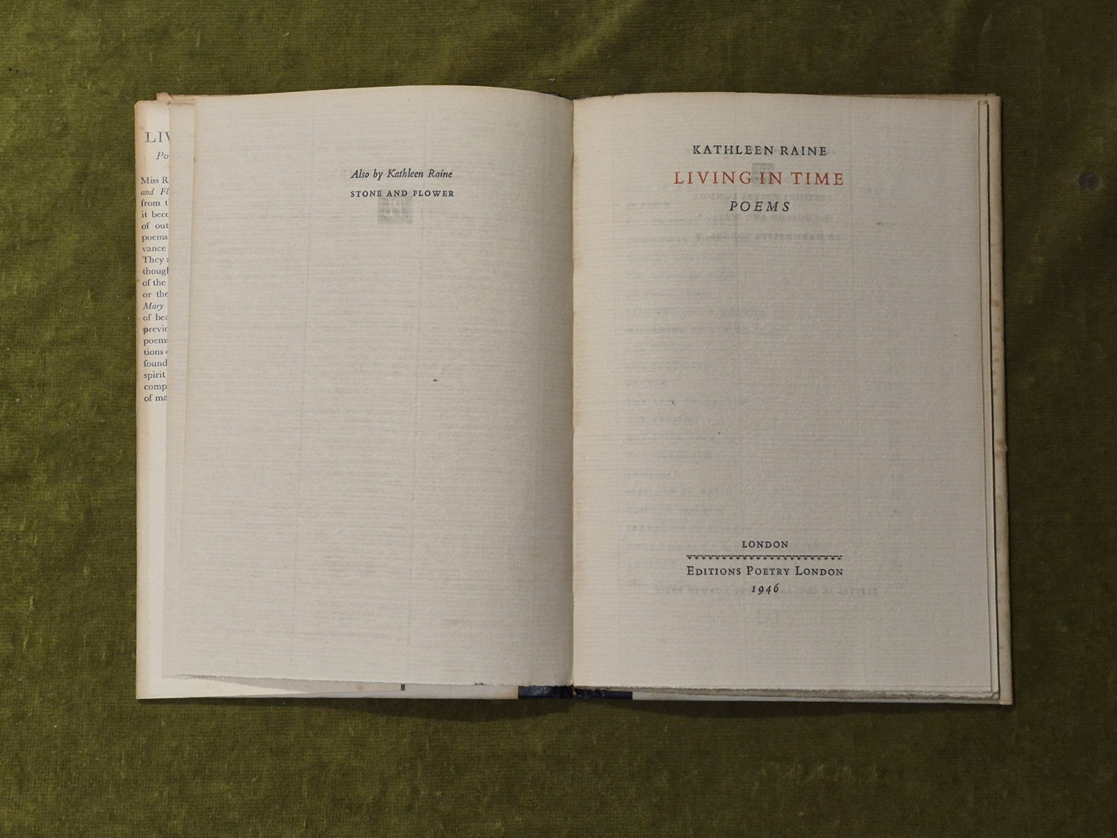 Living in the Time - Kathleen Raine , Editions Poetry 1946 1st HB DJ5