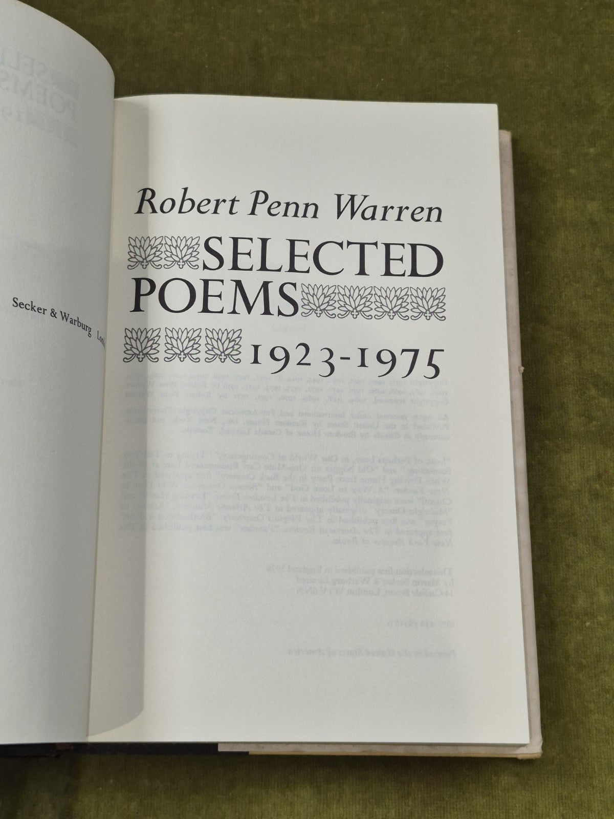 Selected Poems, 1923-75 by Robert Penn Warren -Secker & Warburg 1976 1st HB DJ4
