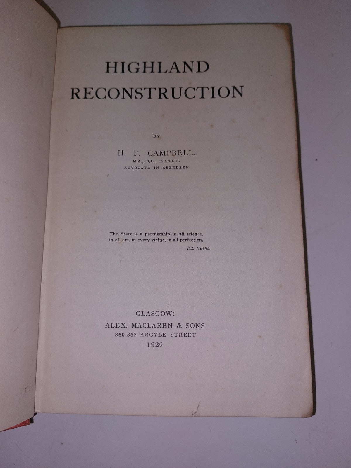 Highland Reconstruction by H. F. Campbell 1920 First Edition 1