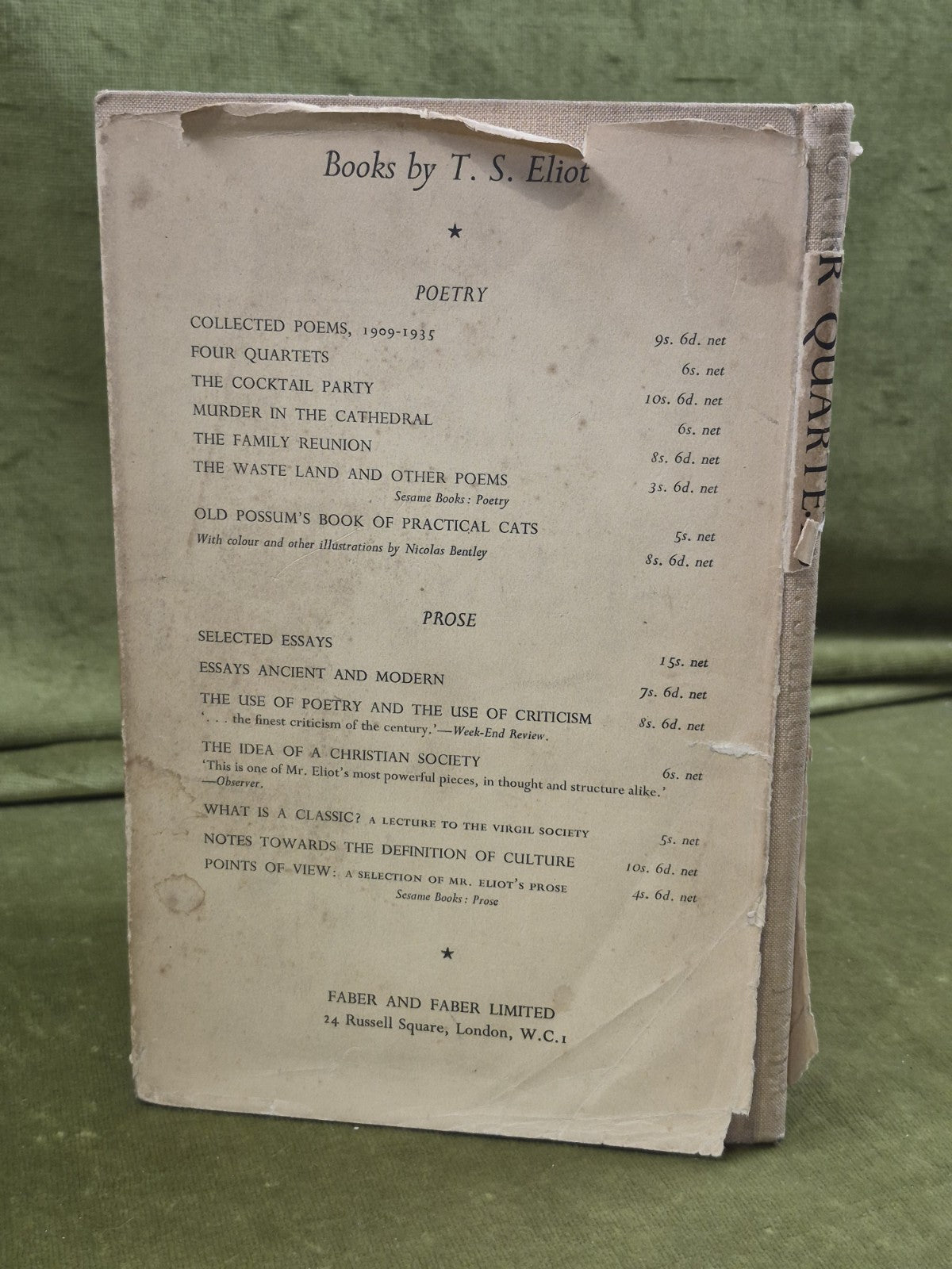 Four Quartets, T. S. Eliot. 1950. 1st Edition, 8th Print in Dust Jacket1