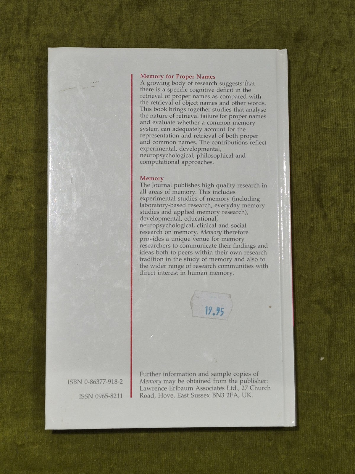 Memory for Proper Names: Memory special issue, hardback2