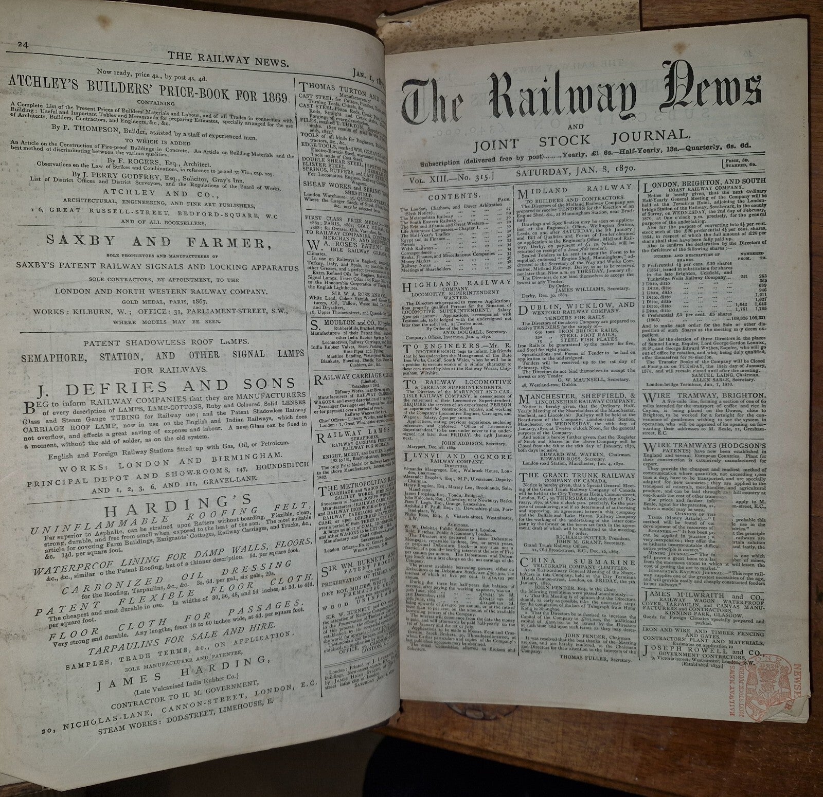 The Railway News For Year 1870 Large Leather-bound Summary Of Statistics & News 0
