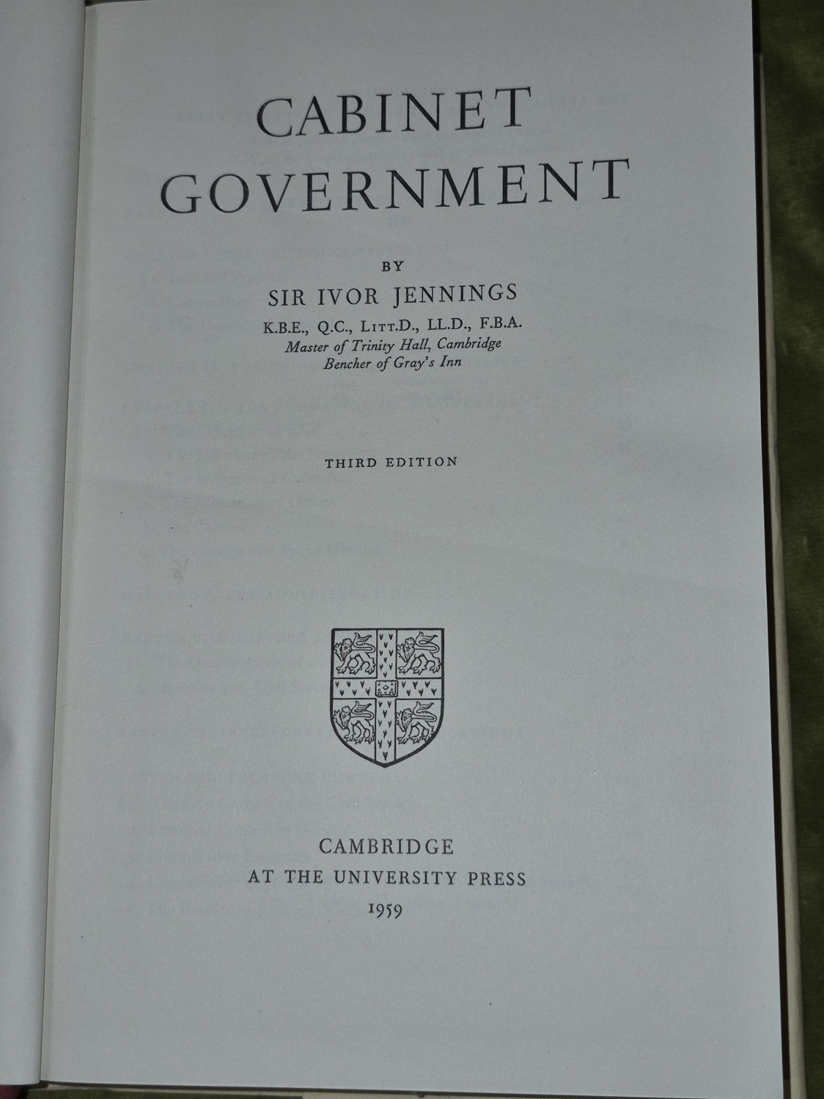 Cabinet Government Ivor Jennings Cambridge 1959 Third HB DJ5