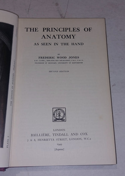 Principles of Anatomy as seen in The Hand, Frederic Wood Jones Hb (1949) Book3