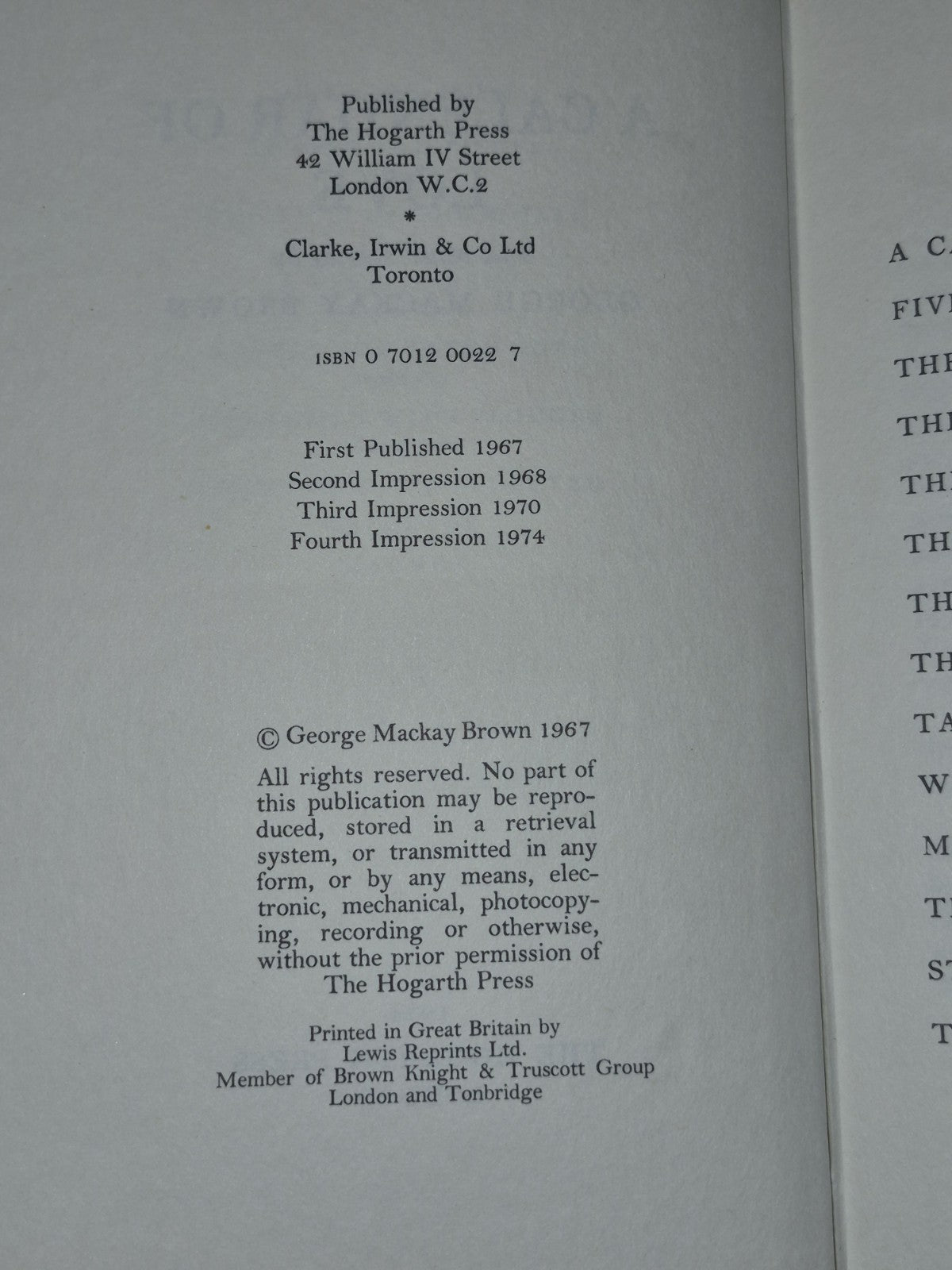A Calendar of Love George Mackay Brown Hogarth Press First Ed. Fourth Impression5