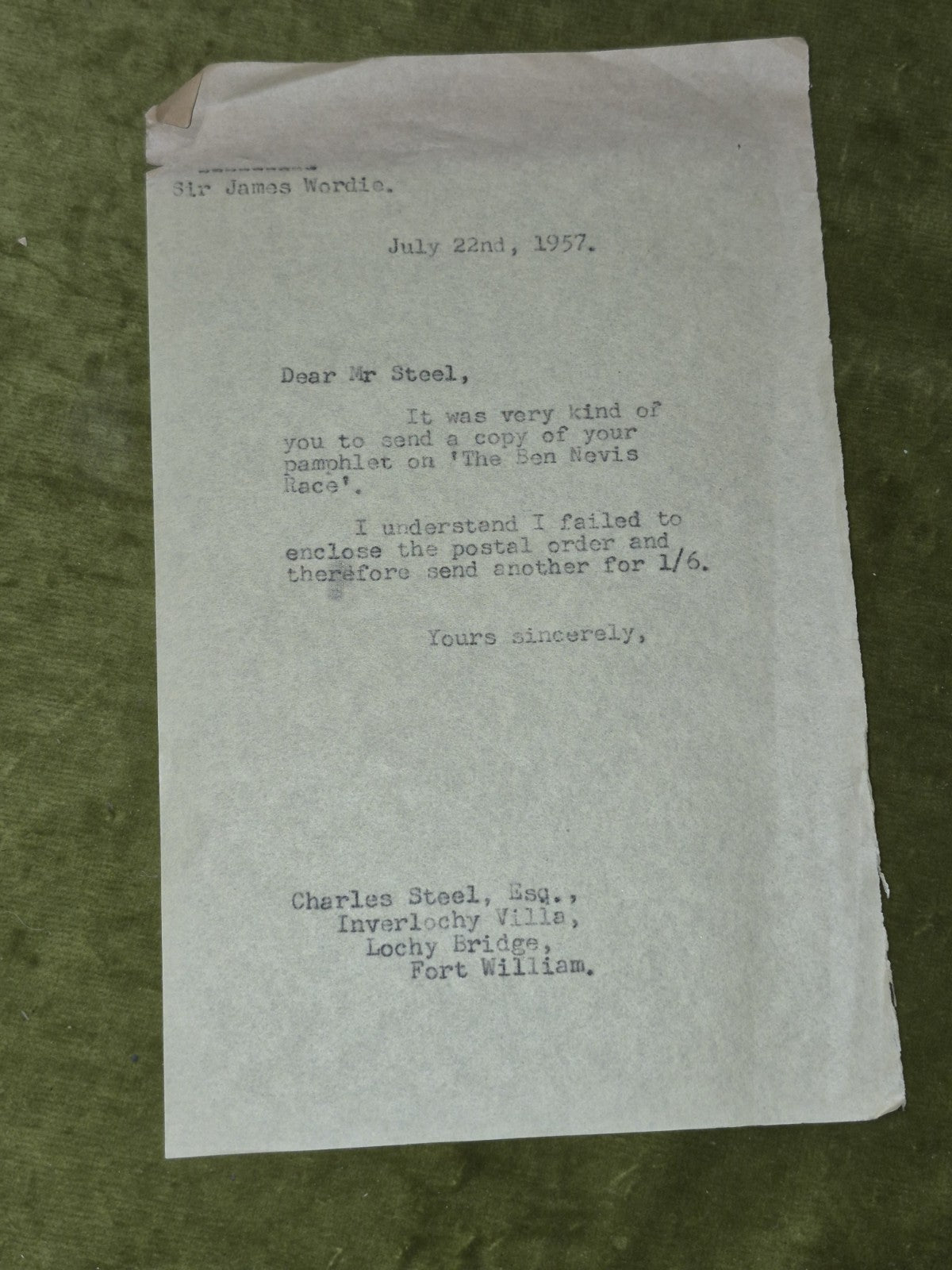 The Ben Nevis Race by Charles Steel (1956) with Sir James Wordie letters6